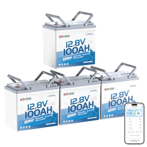 Image of Redodo 12V 100Ah Bluetooth LiFePO4 Lithium Battery with Low Temp Protection, Group 22NF Ultral-Mini Size Deep Cycle Battery, Smart 100A for RV Camping Trolling Motor Off Grid Use 4 pack