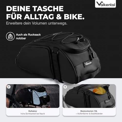 Valkental - 3in1 Fahrradtasche für Gepäckträger mit Kühlfunktion - 10L Volumen - Isolierende Gepäckträgertasche mit Rucksackfunktion - Wasserfest & Reflektierend