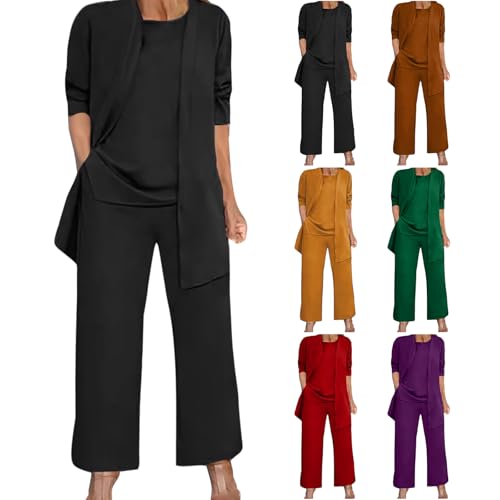 3 Piece Outfits for Women Long Sleeve Cardigan Sleeveless Top Wide Leg Pants Sweatsuit Sets Wedding Guest Pant Suits