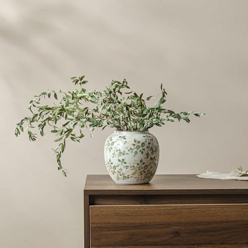 Image of Ceramic Flower Vase | Farmhouse Green Rustic Vase for Home Decor, Vintage Floral Pottery Tuscan Round Vase for Living Room & Kitchen, Mantel & Bookshelf, Centerpieces, Entryway, Wedding(6.7 Inch)