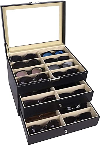 24 rutnät glasögonlåda, svart glasögonfodral glasögonförvaring solglasögon förvaringslåda, med fönsterglas, gåva