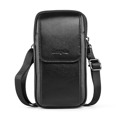 Hengwin Multifunctionele echt lederen tas met dubbele ritssluiting, vintage look, schoudertas, mobiele telefoon, riemtas, telefoonholster voor reizen, outdoor-activiteiten (Koffie