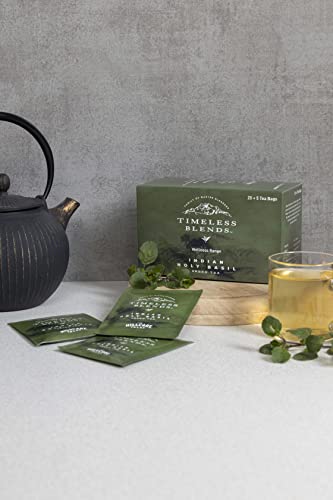 Image of Timeless Blends by The Hillcart Tales Indian Holy Basil Green Tea Bags 25+5 Pieces, Premium Tulsi Green Tea Leaves With Organic Detox Hint of Vegetal Notes, Stimulating & Calming Ingredients, 60 gms