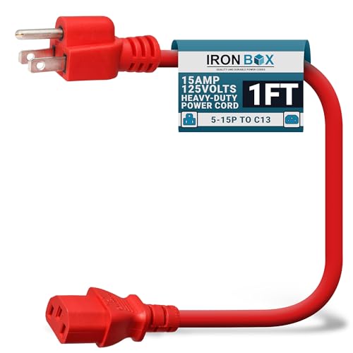 Image of IronBox Electric - Heavy-Duty 5-15P to C13 Power Cord - 3 Prong 15A 125V 14 /3 SJT PC Cable - Cord for Computer, Monitor, Subwoofer, Amplifier - Cable for Power Supply - (Red 1 Foot)