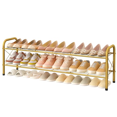 Image of Hoctieon 2 Tier Shoe Rack for Closet, Durable Mesh Style Shoe Rack, Entryway Shoe Shelf, Shoe Storage Organizer for Hallway, Bedroom, Living Room, Wardrobe, Gold