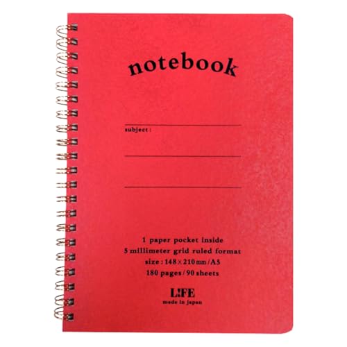 Carnet de notes LIFE A5 rouge à petits carreaux 5mm grid pour bureau et dessin