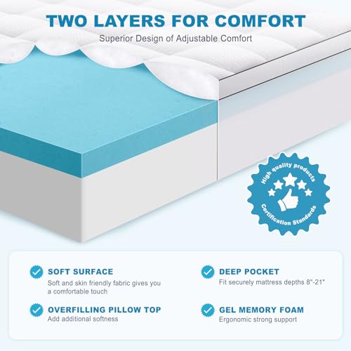 MASVIS Queen Size Dual Layer 4 Inch Memory Foam Mattress Topper, 2 Inch Cooling Gel Memory Foam and 2 Inch Pillow Top Mattress Pad Cover for Back Pain, Medium Support by MASVIS - Image 2