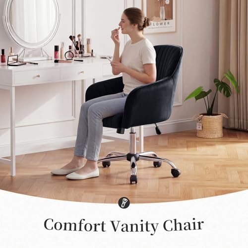 Image of Warmiehomy Velvet Desk Chair for Home Office, Modern Adjustable Swivel Task Chair, Women Vanity Chairs with Arm Rest for Bedroom Dressing Room, Classic Black