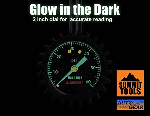 Summit Tools Tire Pressure Gauge with Glow Dial, 0 to 60 PSI, Hold Valve, 10 in. Flexible Hose, Pressure Bleeding Button, Rubber Head Cover. Automobile Accessory
