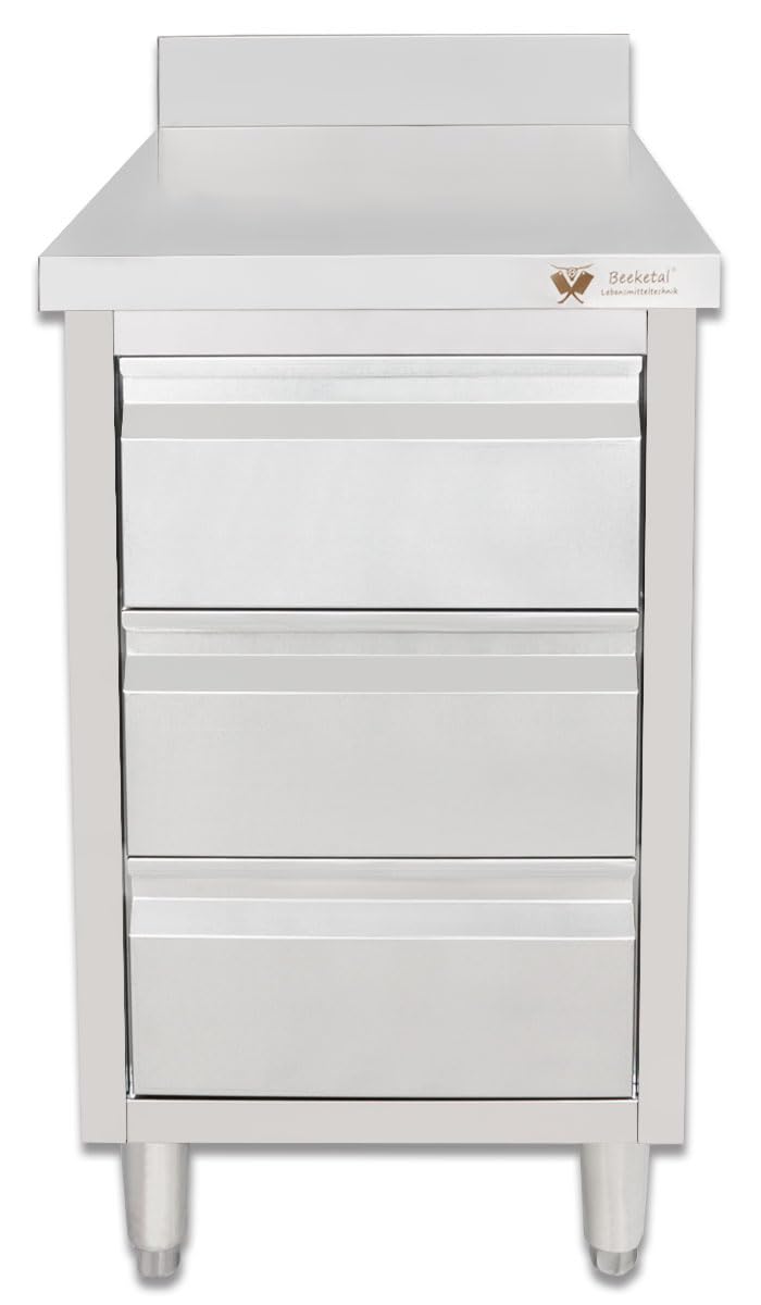 Beeketal 'BSS-70A' Gastro Küchenschrank Edelstahl mit Schubladen (B/T/H) ca. 50 x 70 x 95 cm, Schubladenschrank mit 3 Schubladen, Arbeitsfläche mit Aufkantung und fein justierbaren Standfüßen