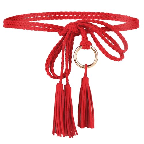Women's Tassel Braided Waist Belt, Skinny Handwoven Belt with Ring for Dress Waist Belt
