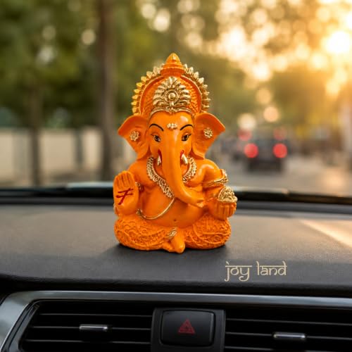 Image of JOY LAND Lord Ganesha Car Dashboard Idol | White & Gold Ganesh Murti for Car Dashboard, Home & Office Decor (Orange)