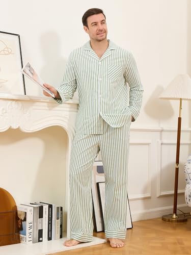U2SKIIN Men's Pajama Set, Soft Cotton Button-Down Striped Pajamas for Men, Long Sleeve Sleepwear with Pockets & Front Fly (Green White, L)4