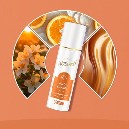 Image of Layer'r Wottagirl Amalfi Sunset Fragrance Mist for Women 120ml | 100% Vegan | Fresh Citrus & Floral Scent with Orange, Bergamot & Neroli | Long-Lasting Body Mist | Alcohol-Free | IFRA Certified