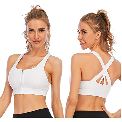 Image of Cordaw Zipper in Front Sports Bra High Impact Strappy Back Support Workout Top
