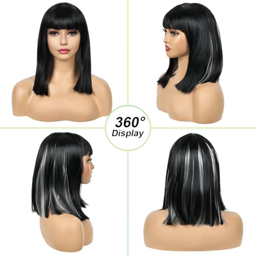 Image of Creamily Short Hair Wig for Women Full Head, Bob Cut Wigs with Bangs for Women, Hightlight Black Mix Grey Straight Ladies Wigs Natural Hair Full Head (Black,14 inches)