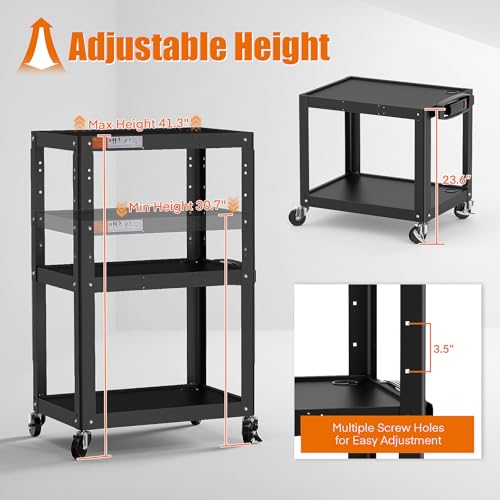 Image of 3 Shelf Metal Utility Cart - Durable Computer Cart on Wheels with Power Strip,Height Adjustable AV Presentation Cart Stand for Movie Projector,TV and Laptop Computers,Easy to Assemble, Black
