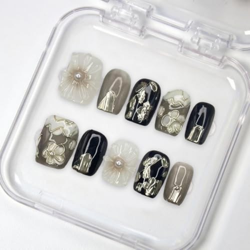 Square Press on Nails Full Cover Fake Nails with White Flower Han...
