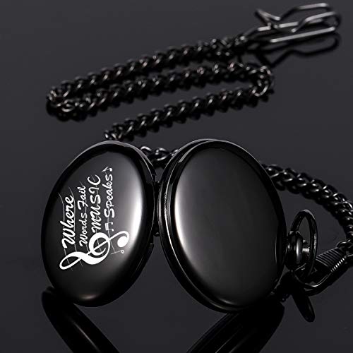 Pocket Watch, Where words fail, MUSIC Speaks Loud Pocket Watch and Chain for Men Women, Music Motif Quartz Laser Engraved Pocket Watch Vintage Steampunk Necklace Numerals steampunk buy now online