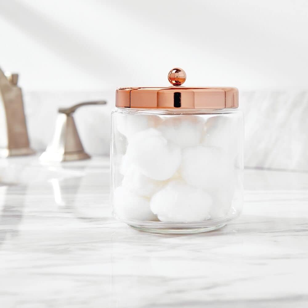 mDesign Modern Glass Bathroom Vanity Storage Organizer Canisters Jars for Cotton Balls, Swabs, Makeup Sponges, Bath Salts, Hair Ties, Jewelry - Clear/Rose Gold