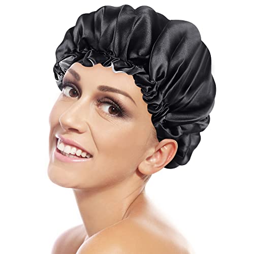 AMMON Satin Bonnet Adjustable Satin Hair Bonnet Black