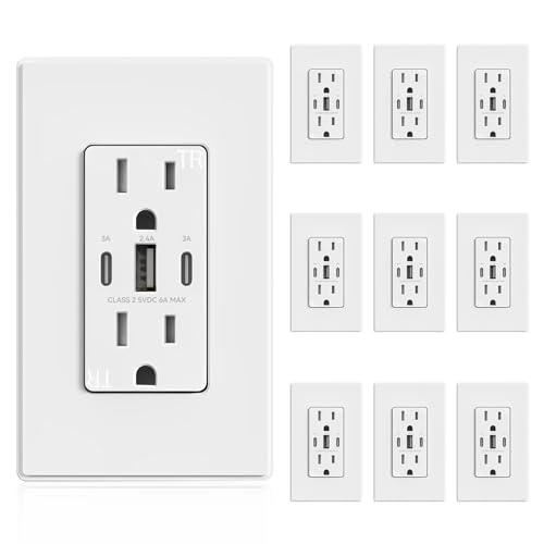 Image of ELEGRP USB Outlets, 30W 6.0 Amp USB C Outlets Receptacles, 3-Port USB Wall Outlet, 15 Amp Tamper-Resistant Outlet with 2 USB C Ports, UL Listed, Screwless Wall Plate Included, 10 Pack, Matte White