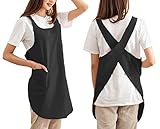 Cotton Cross Back Aprons Solid Color Cooking Kitchen Garden Smock for Women Girls with Pockets (Blac