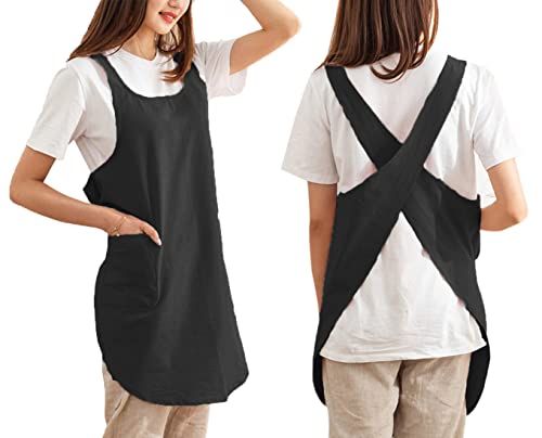 Cotton Cross Back Aprons Solid Color Cooking Kitchen Garden Smock For Women Girls With Pockets (Black, 37Wx 32L) #TOP3