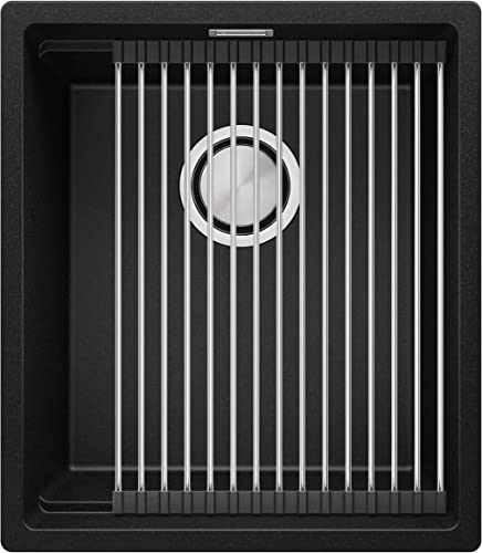 Evier Cuisine en Granit Noir, 41x47 cm, Lavabo 1 bac + Robinet + Siphon Télescopique + égouttoir enroulable, Évier sous plan de Primagran