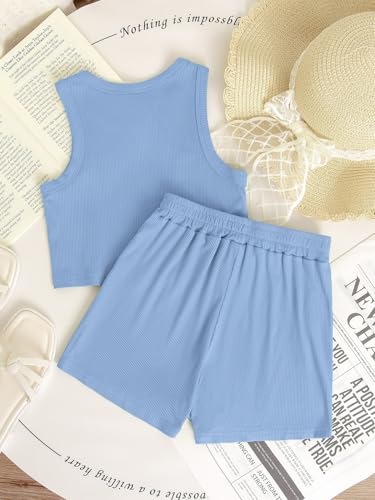 Image of NEW 6-14Y Tween Girls Stretchy Rib Knit Outfit Rayon Tank & Shorts Set Casual Lounge Playwear