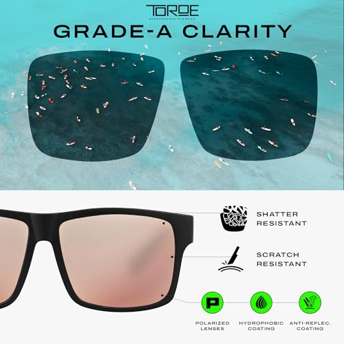 Image of TOROE TR90 Square Frame Grade A Polarized Black Emblem Sunglasses with Anti Reflective Water Repellent Polycarbonate Lenses (Matte Black Frame, Rose Pink (CAT3))