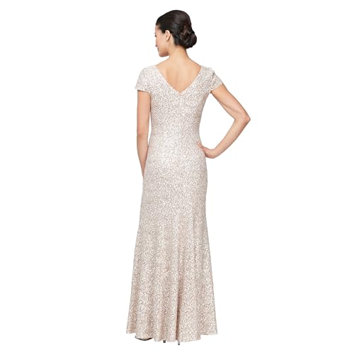 Image of Alex Evenings Womens Long Rosette Mother of The Bride Dress with Short Sleeves, Wedding Guest (Petite and Regular Sizes)