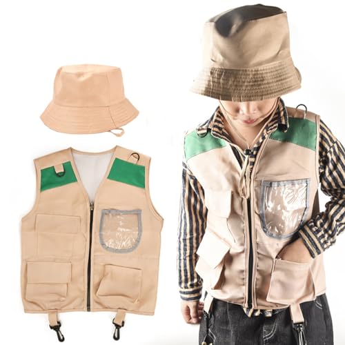 Generisch Costume pour enfant, gilet, chapeau avec poches, gilet cargo, chapeau, ensemble pour camping, pêche, exploration, beige, 2-8 ans