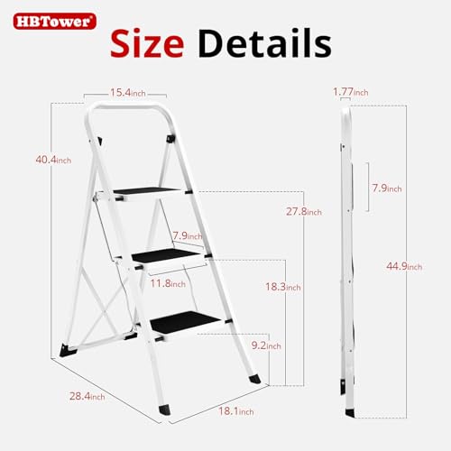 Image of HBTower Step Ladder Folding Step Stool for Adults | 3 Step Ladder with Anti-Slip Pedal, 330 lbs Capacity for Kitchen, Home, White