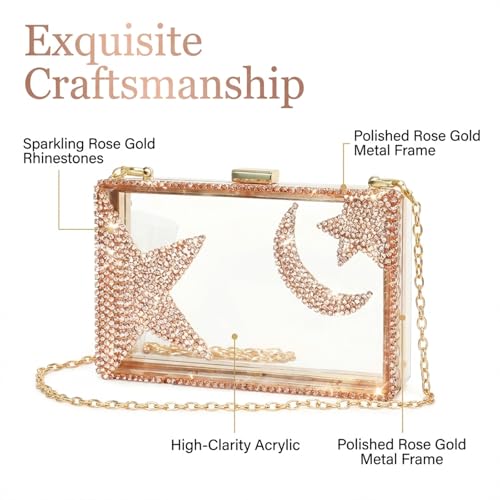 Image of Ladies Clear Acrylic Moon and Star Rhinestone Chain Bag Sparkly Transparant Clutch Purse for Women Evening