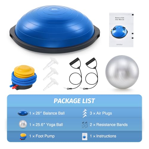Image of ZELUS 25in. Balance Ball | 660lb Inflatable Half Exercise Ball Wobble Board Balance Trainer w Nonslip Base | Half Yoga Ball Strength Training Equipment w 2 Bands, Pump, Extra Ball Included