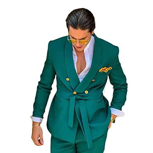 HZUOU Green Suits for Men 2 Piece Blazer Sets Double Breasted Belt Wedding Party Travel Suit Jacket+Pant HZH062