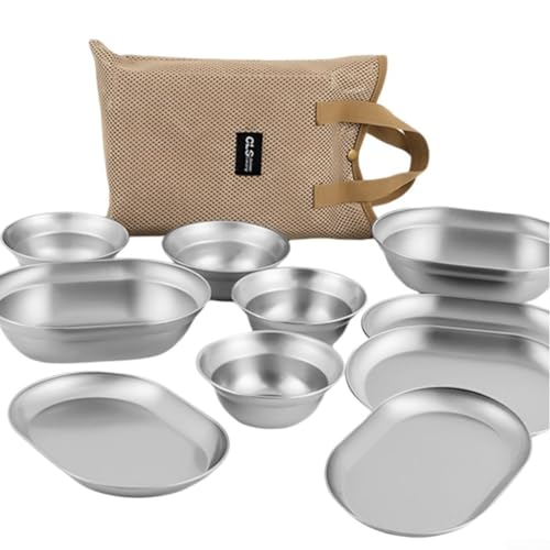 Elegante juego de platos y cuencos de acero inoxidable color plateado para un aspecto moderno (10 piezas)