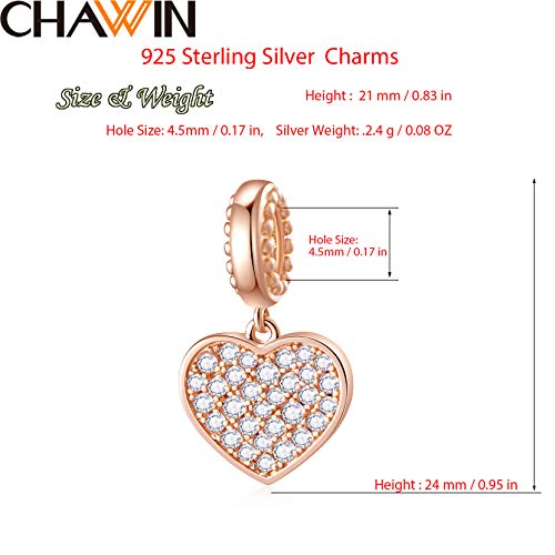 Chawin April Birthstone Charms, Authentic 925 Sterling Silver Love Heart Pendant, Love Rose Gold Charms Fit Reflexions Pandora Charms Bracelet, Necklace, Birthday Gift, Sparkling Diamond White Cz #TOP1