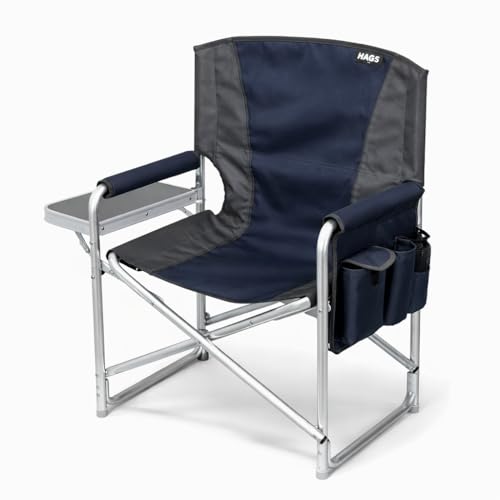Haegs Alüminyum Kamp Sandalyesi, Taşınabilir Katlanır Yönetmen Sandalyesi, Yan Sehpa ve Çıkarılabilir Yan Cep ile Açık Hava Kampı, Çim, Piknik, Bahçe, Teras, Balkon için Uygun, Koyu Mavi
