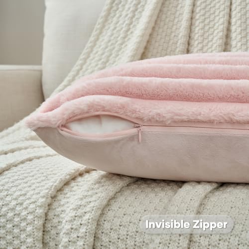 FUTEI Pink Striped Decorative Throw Pillow Covers 20x20 Inch Set of 2,Square Winter Decorations Couch Pillow Case,Soft Cozy Faux Rabbit Fur & Velvet Back,Modern Home Decor for Bed