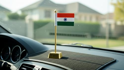 Image of ZAHEPA Flag for Car Dashboard, Khadi Fabric decorative Flag with Gold Plated Square Metal Base, Office Desk Accessory, Tabletop Decoration for Home, Office & Corporate Use, Gift for Professionals