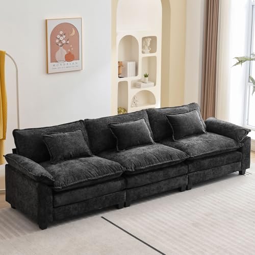 Image of Oprisen 120 inch Modular Sectional Sofa, Comfy Cloud Couch Sectional Sofa, Chenille Sofa Sleeper Deep Seat Sofa with Throw Pillows for Living Room (Black, 120 inch- 3 Seater)