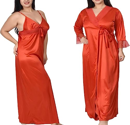 Image of Women's Satin Solid Maxi Nighty Full Sleeve 1 Nighty, 1 Wrap Gown Night Dress Ladies