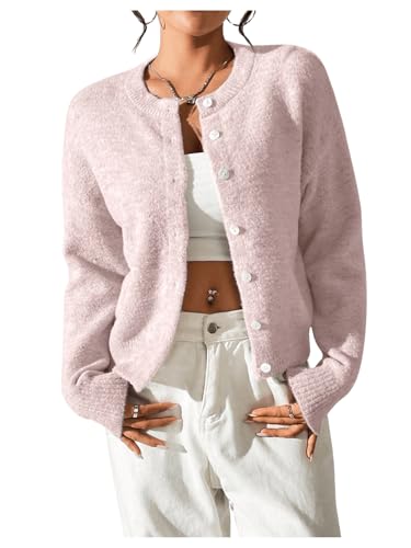 Image of SweatyRocks Women's Fall Button Down Lightweight Cardigan Ribbed Knit Long Sleeve Crew Neck Sweater