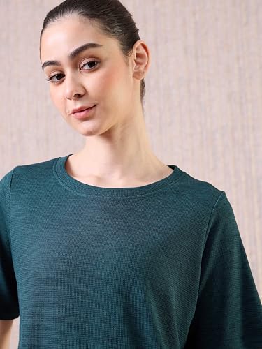 Image of TECHNOSPORT Women Relaxed Fit Cubic Melange Round Neck T-Shirt | Quick Dry Polyester Casual Tee with UPF 50+ UV Protection, Anti-Microbial & Double Cool Technology
