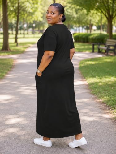 Image of SUZONANA Women Casual T-Shirt Dress V Neck Short Sleeve Solid Color Oversize Dress with Front Two Pockets