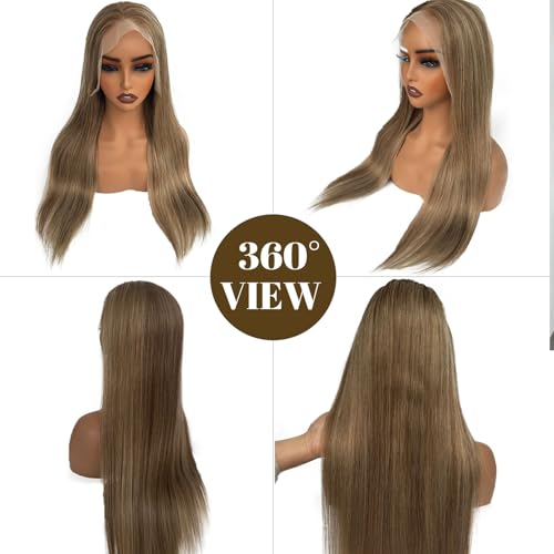 Image of Highlights Lace Front Wigs Human Hair 13x4 Ash Brown to Blonde HD Lace Front Ombre 180% Density Balayage Pre Plucked Glueless Straight No Synthetic No Shedding Triple Lifespan for White Women 16 Inch