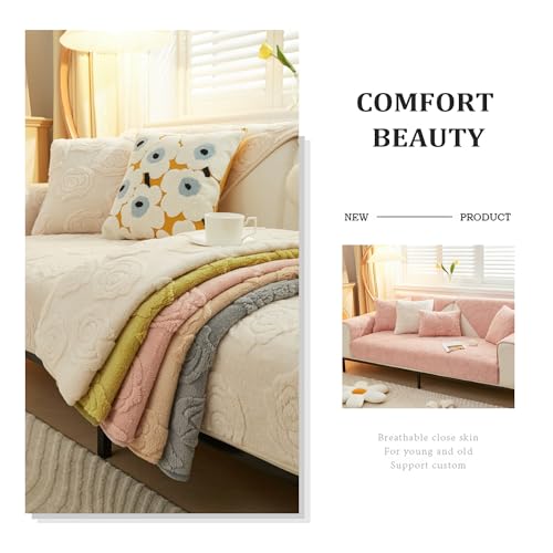 Funda de sofá felpa jacquard rosa protector antideslizante lavable para sofá forma L beige 70x180 6