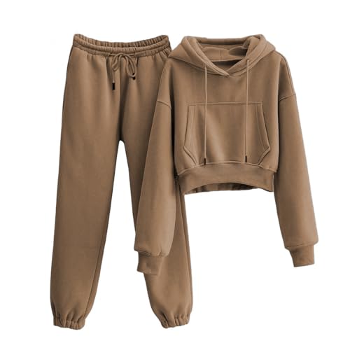 Tanming Women 2 Piece Outfits Sweatsuits Crop Pullover Fleece Sweatshirt Jogger Pants Lounge Set